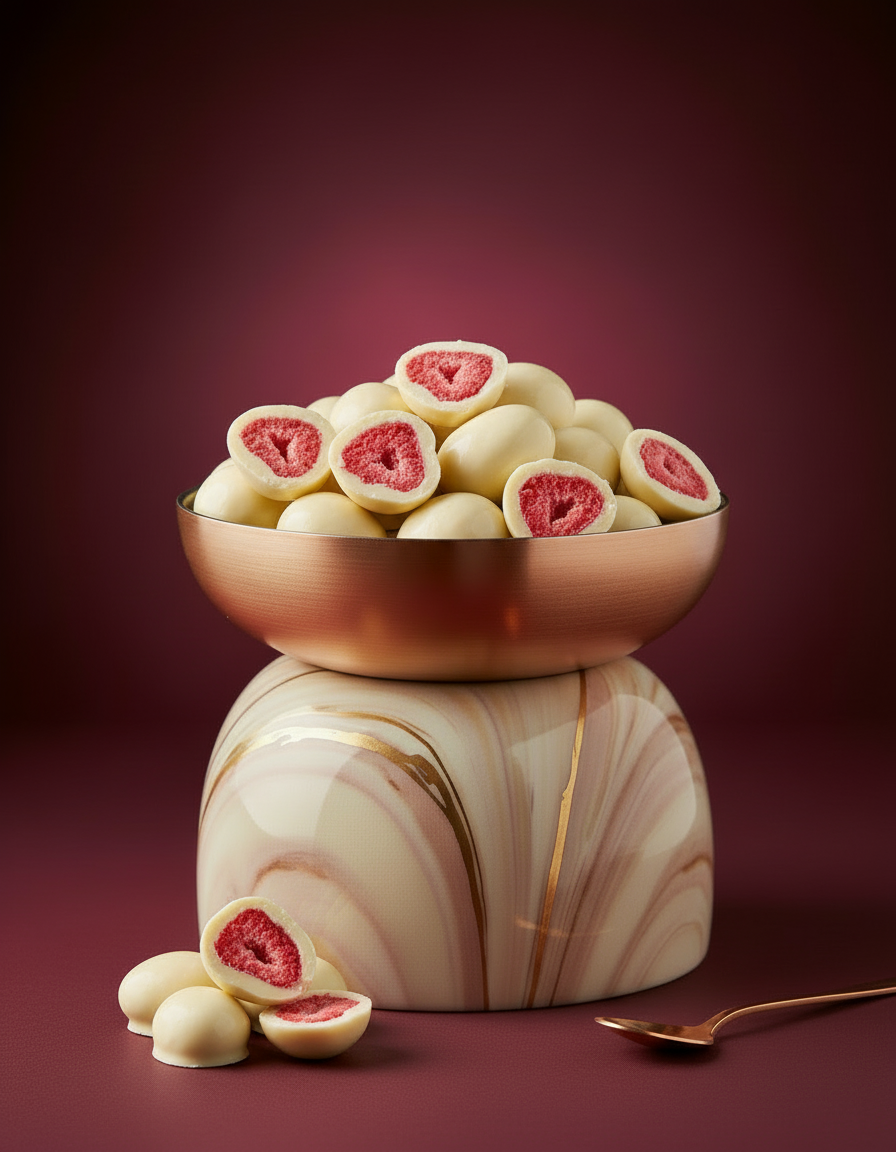 Fraises lyophilisées enrobées de Chocolat blanc et Yaourt