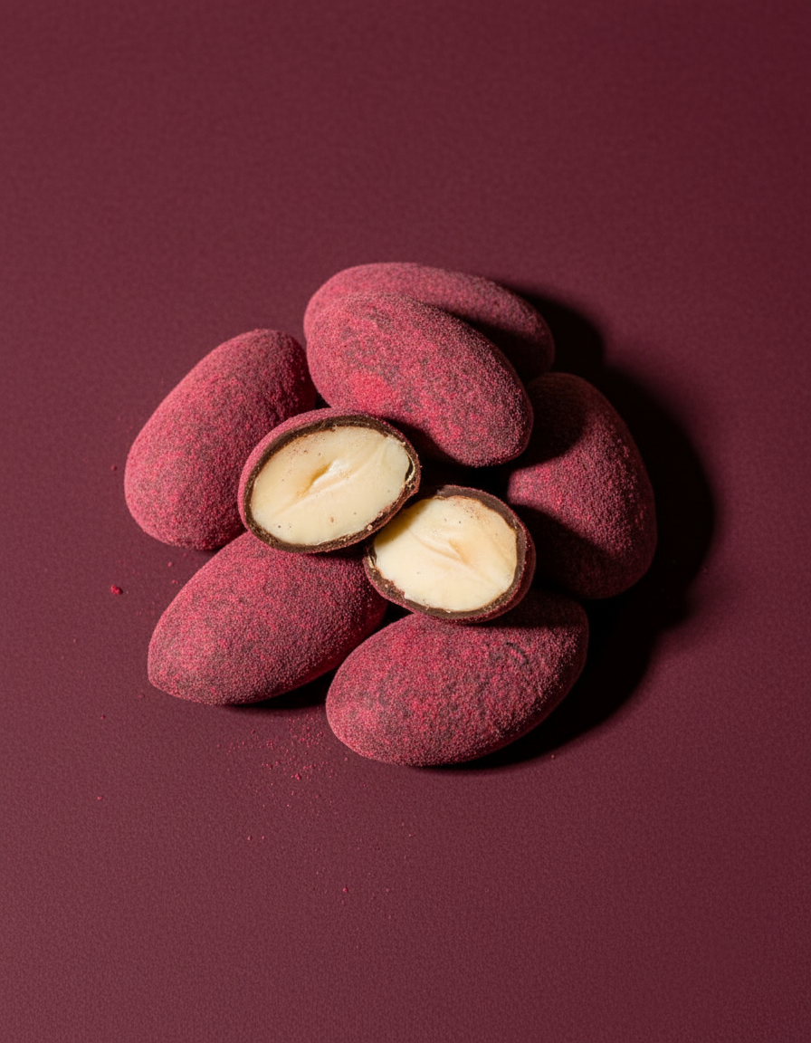 Amandes au chocolat noir et poudre de framboises