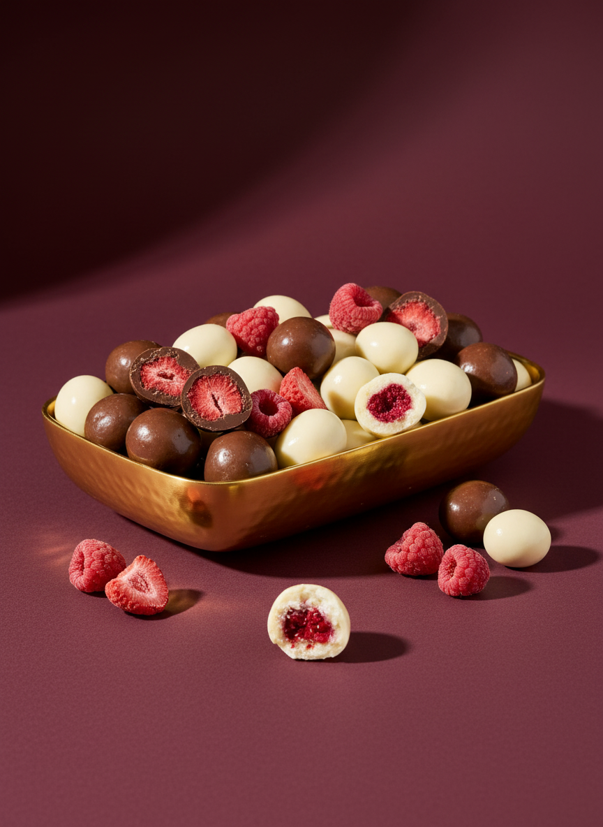 Mix de fraises et framboises lyophilisées au trois chocolats