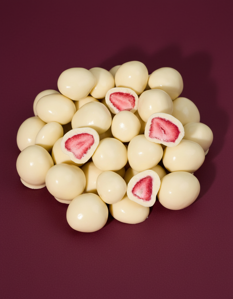 Fraises lyophilisées enrobées de Chocolat blanc et Yaourt