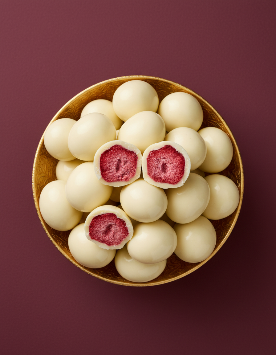 Fraises lyophilisées enrobées de Chocolat blanc et Yaourt