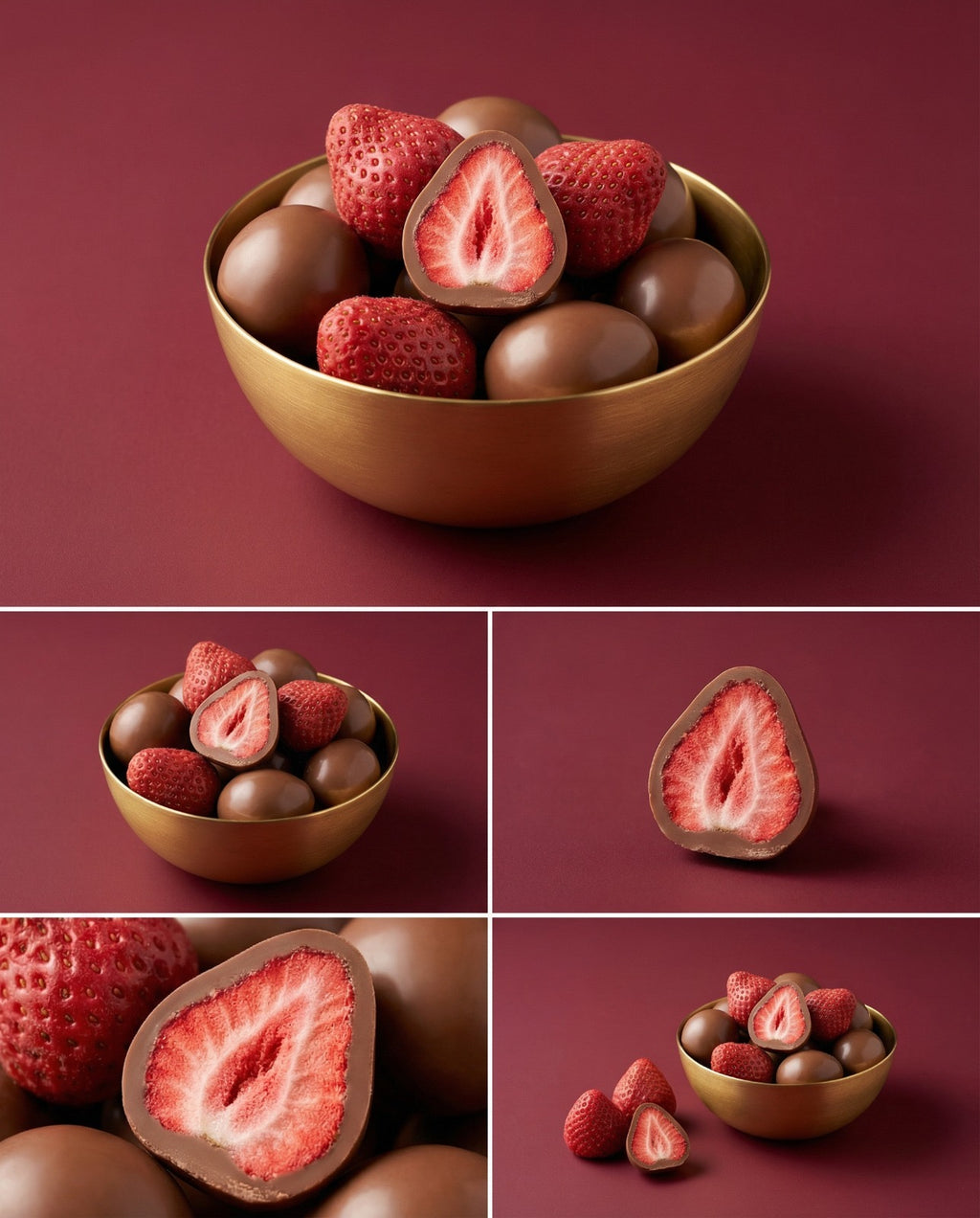 Fraises lyophilisées enrobées de chocolat au lait