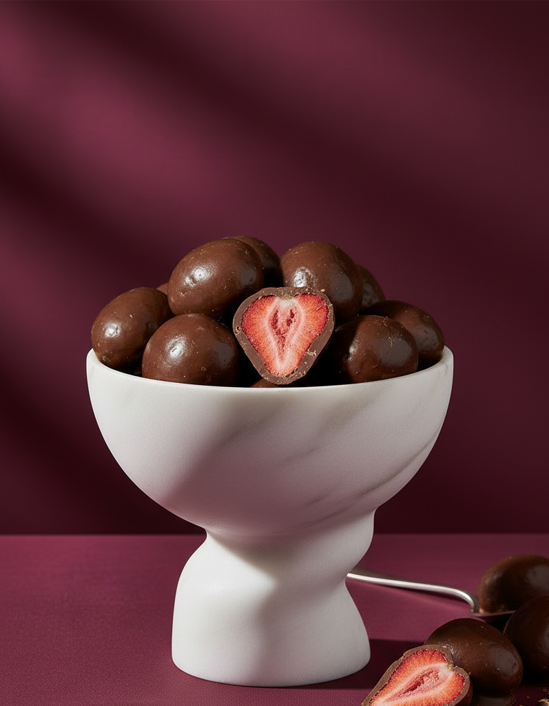 Fraises lyophilisées au chocolat noir