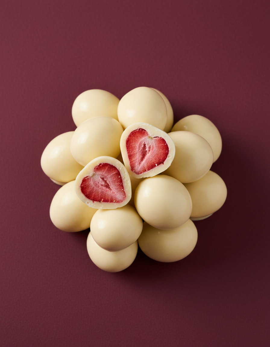 Fraises lyophilisées enrobées de Chocolat blanc et Yaourt