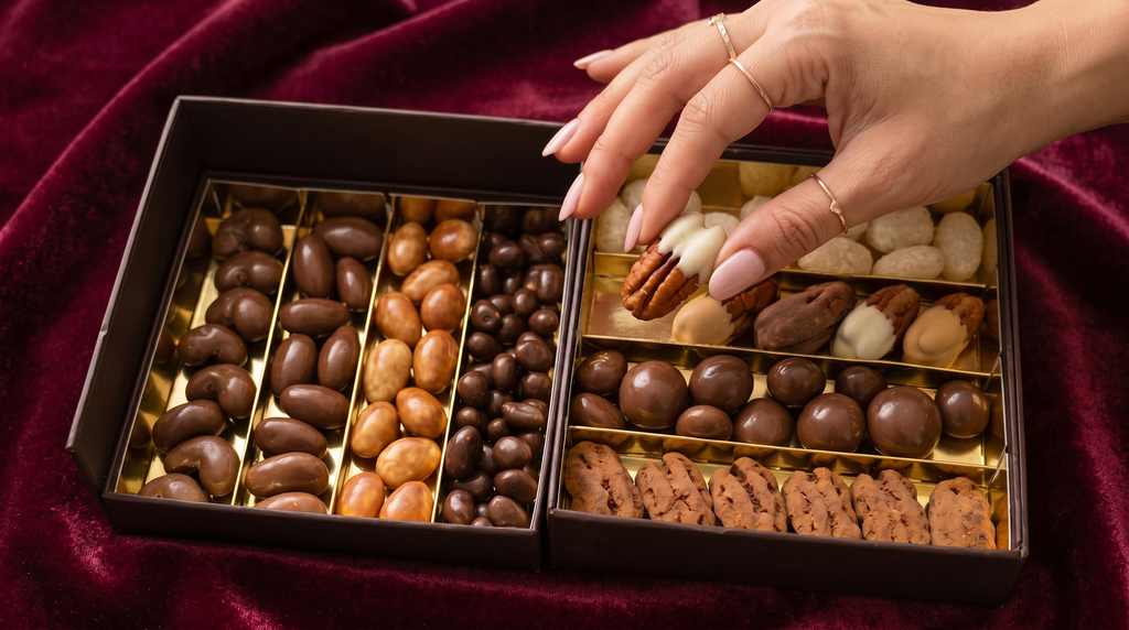 Boite 2 étages de fruits secs enrobés au chocolat