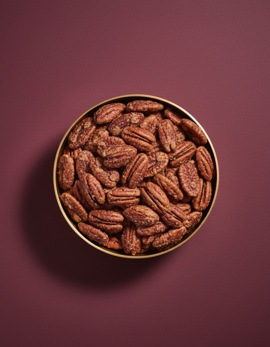 Noix de pécan caramélisées au sirop d'érable et fleur de sel.