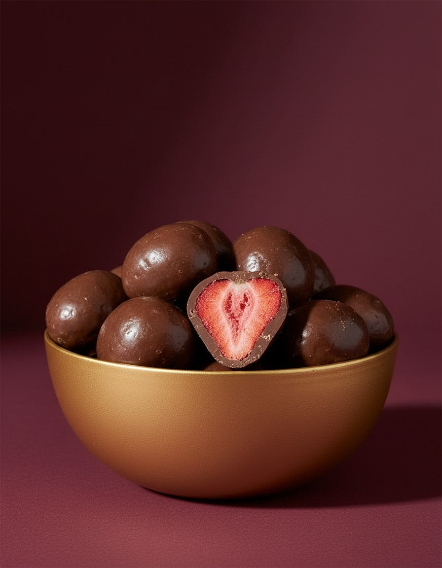 Fraises lyophilisées enrobées de chocolat au lait